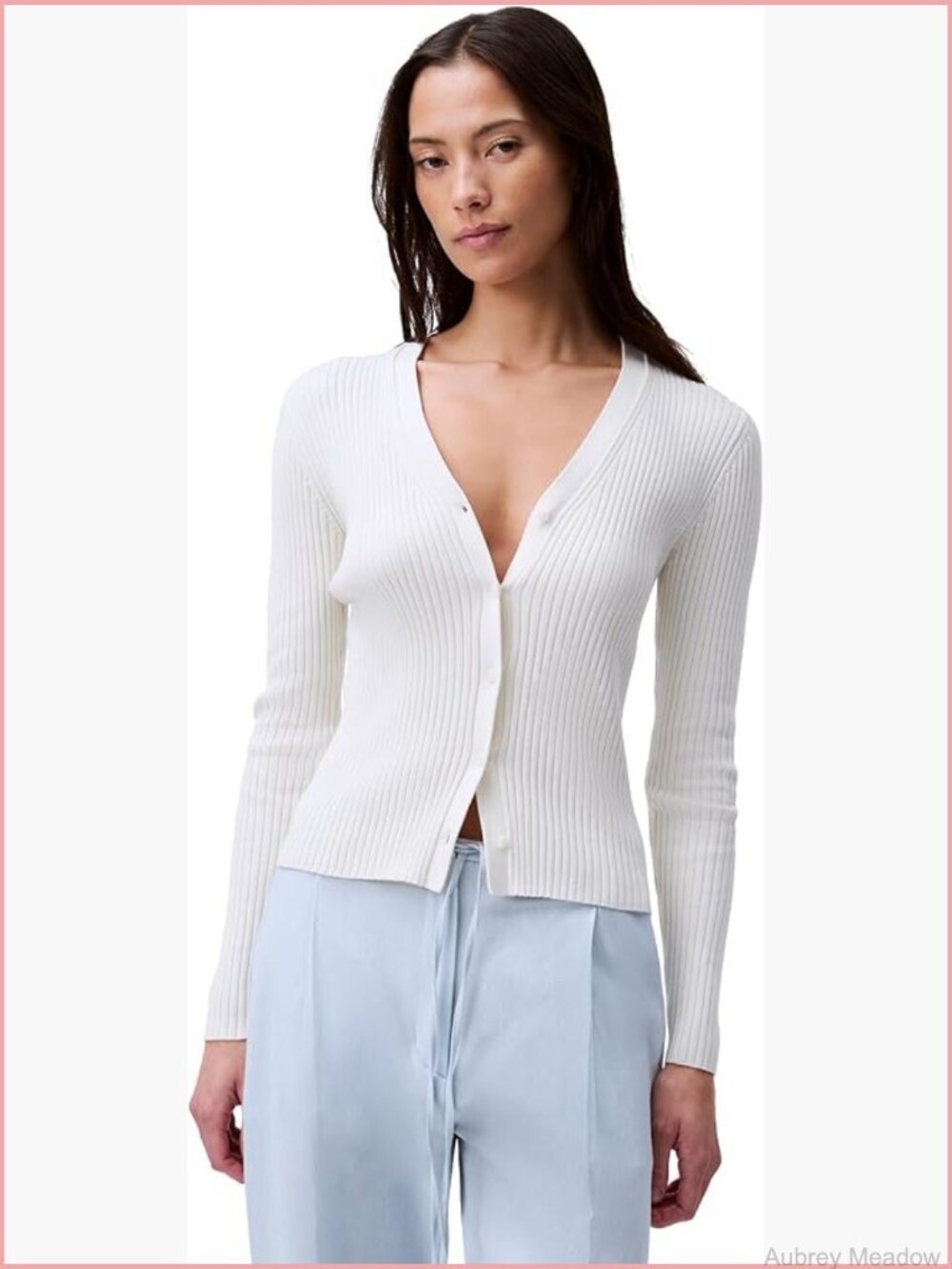 Cotton Rib Cardigan - Button Front V-Neck Long Sleeve